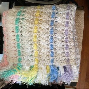 Vintage, Handmade Crochet Blanket with Tassels